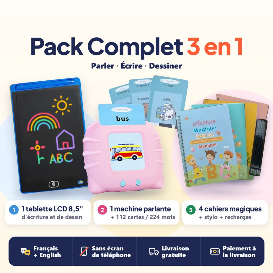 Pack Complet 3 en 1 : 1 tablette d'écriture LCD 8,5 pouces, 1 machine parlante avec 112 cartes français-anglais (224 mots), 4 cahiers magiques en français avec stylo et recharges