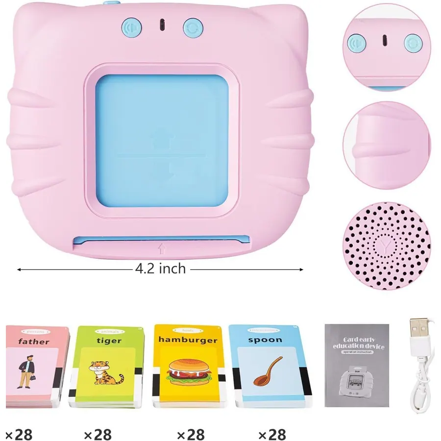 Dimensions de la machine (10,5 cm de large) et contenu : 4 paquets de 28 cartes, notice et câble USB