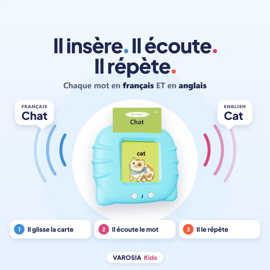 Il insère la carte, il écoute le mot en français et en anglais, il le répète
